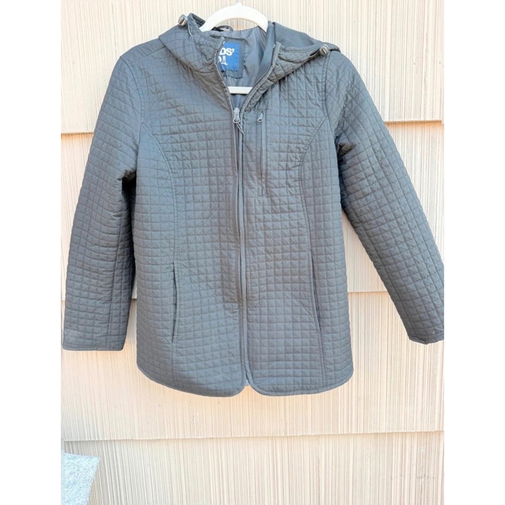 Lands End Womens XS Quilted Hooded Jacket Dark Gray Black Full Zip Puffer Coat